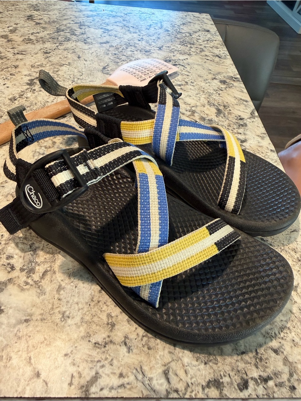 Chaco Black Sandals with Blue, Yellow & White Straps